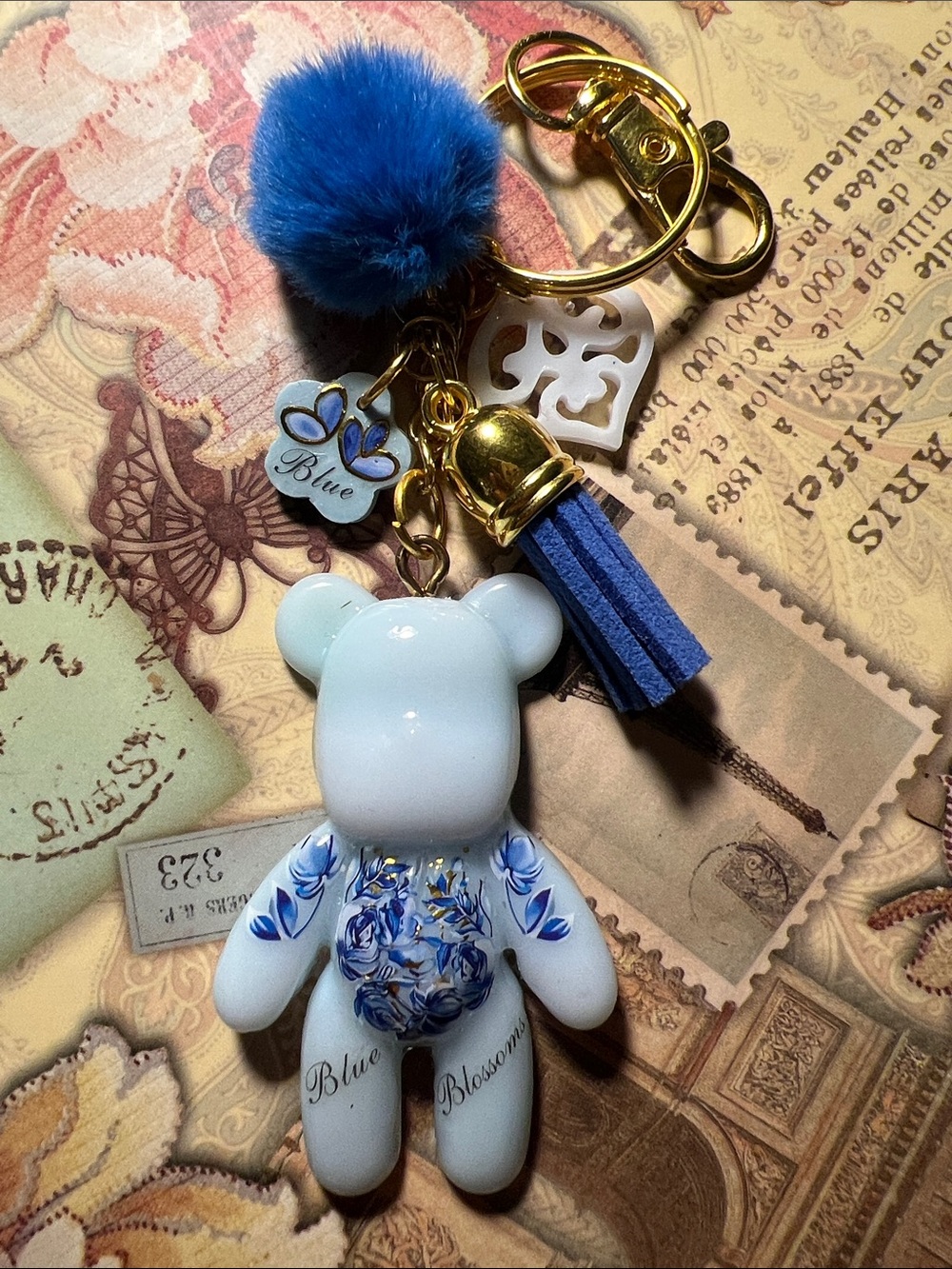 Blue Floral Teddy Keychain, backpack or purse charm Accessories